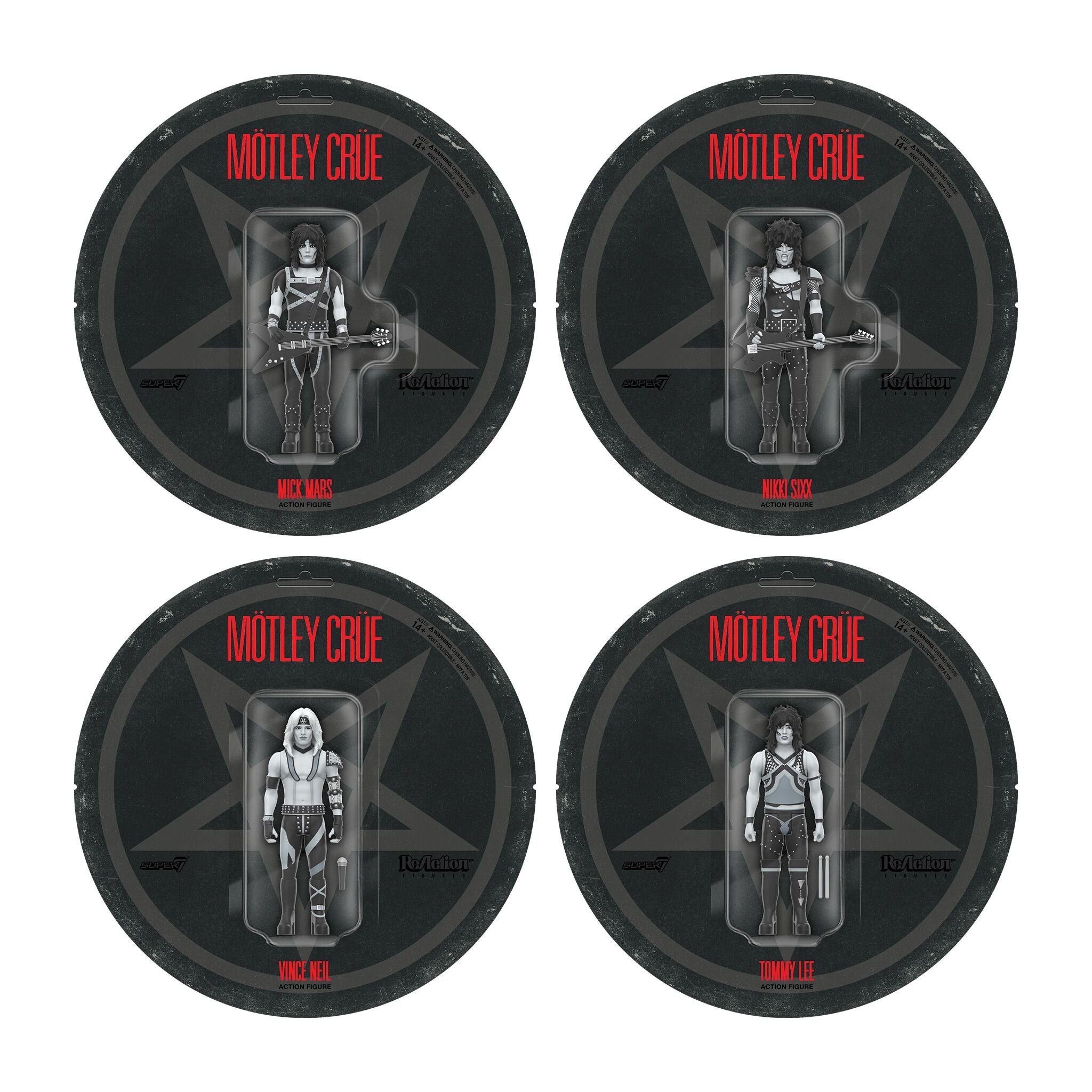 Motley Crue ReAction Figures Wave 02 – Vince Neil, Tommy Lee, Nikki Sixx, & Mick Mars (Shout At The Devil – Black & White) on Sale